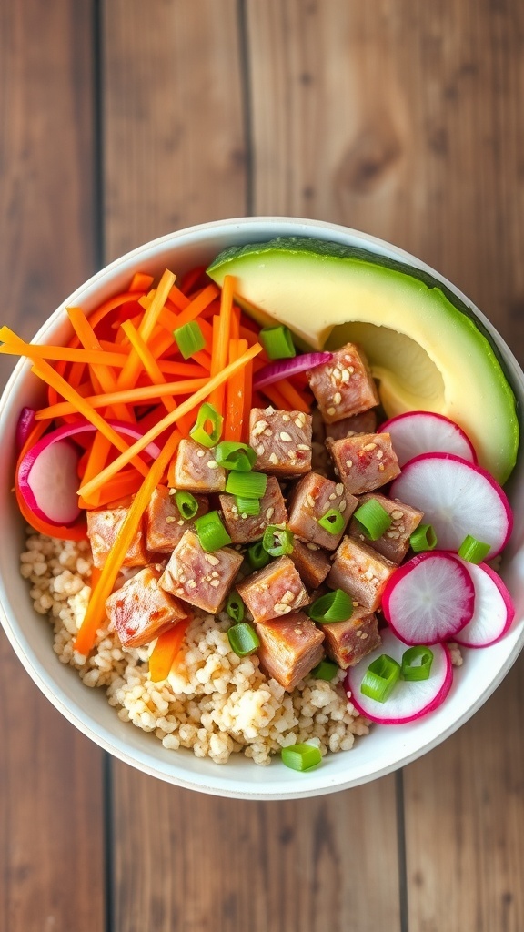 A colorful tuna quinoa poke bowl with marinated tuna, quinoa, cucumber, carrots, radishes, and avocado, garnished with sesame seeds and green onions.